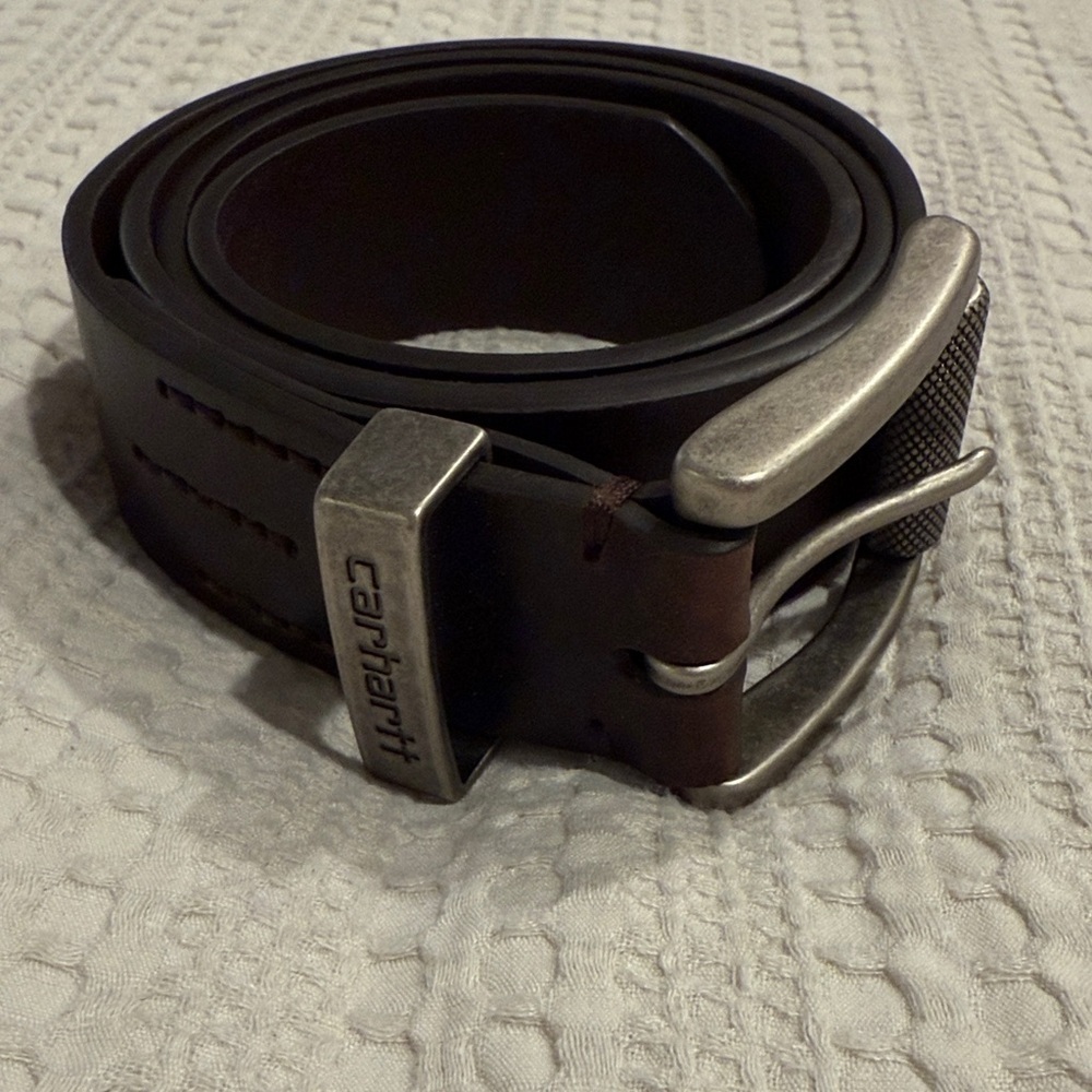 Carhartt Men’s Brown Leather Belt Heavy-Duty Silver Buckle Size 38 (B1)